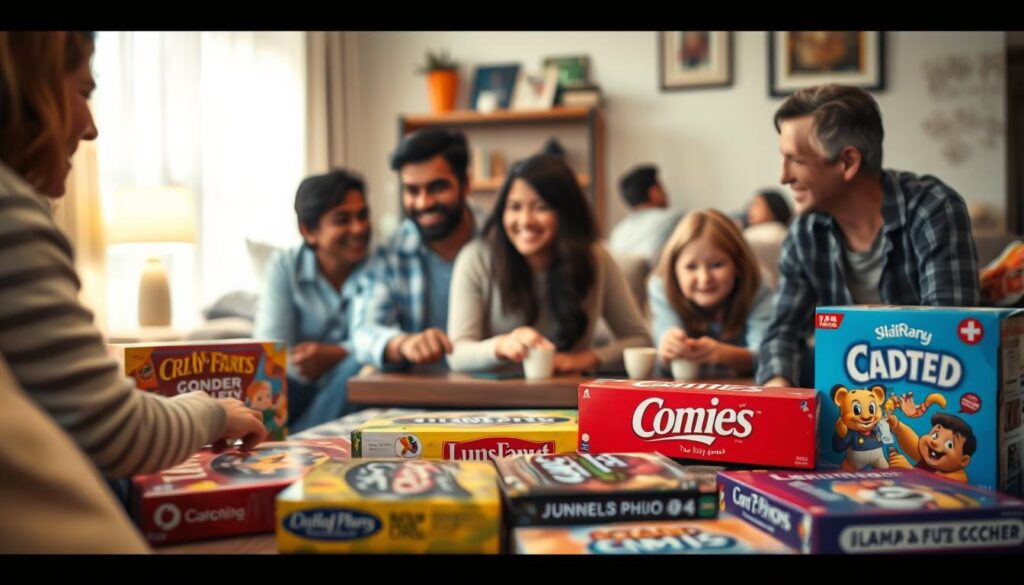 A cozy family game night with loved ones, a warm and inviting scene. In the foreground, a diverse group of family members gathered around a low table, engaged in a board game, expressions of laughter and concentration. The middle ground showcases an assortment of classic family games, their bright, inviting packaging suggesting endless hours of shared entertainment. In the background, a comfortable, well-lit living room, with plush furniture and personal mementos, creating a sense of home and togetherness. Soft, diffused lighting casts a gentle glow, enhancing the intimate, nostalgic mood. The overall composition conveys the timeless appeal of family games, their power to bring people together and create cherished memories.